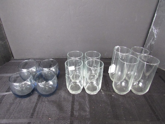 Glass Lot - 4 Tall Glasses 6" H, 4 Glasses/Floral Etched 5" H, 4 Blue Old Fashioned 3 1/4"