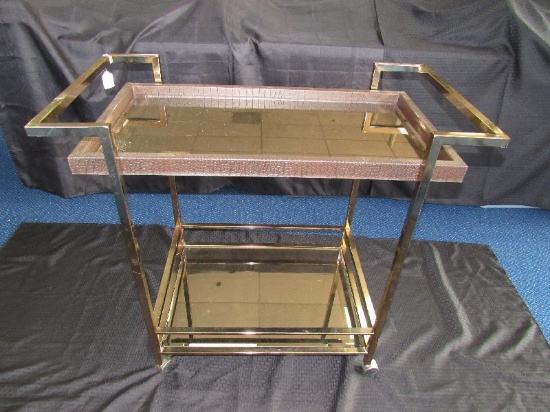 Metal Frame 2-Tier Mirrored Shelved Tray Cart Faux-Crocodile Trim on Casters