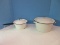 2 White Enamelware Pots w/ Lids Black Trim