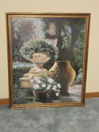 Grecian Urn Courtyard Vignette Floral Scene Lithograph