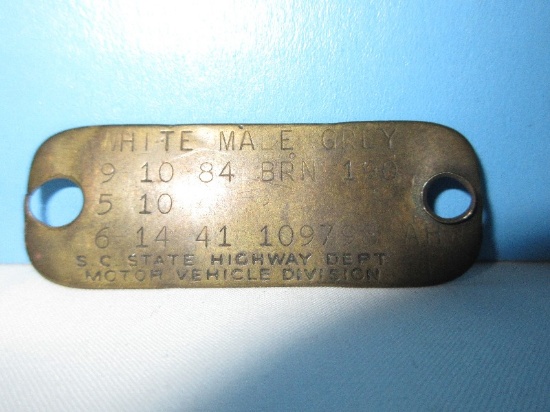 Rare Find Metal South Carolina Divers License Expires June 30, 1945