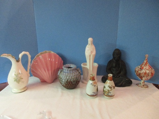 Group - Ceramic, Porcelain, Plastic, Temple Buddha 8 1/2" Statuette, Pink Clam Vase