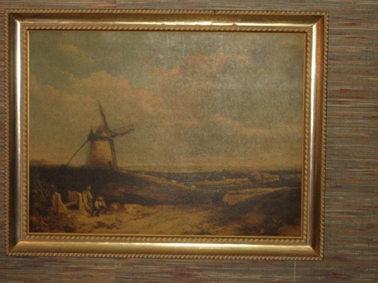 Vintage Windmill Dutch Landscape Vista Pasture Print on Board in Gilded Ornate Frame
