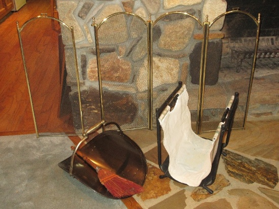 Group - Folding Fireplace Screen, Kindle Basket, Log Tote w/ Stand, Hearth Broom