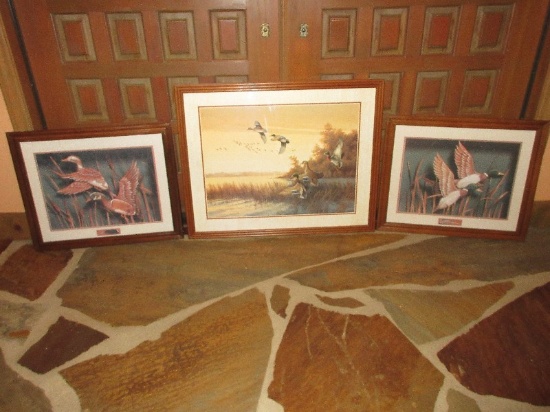 3 Framed Wildlife Duck Prints Pond Scene & 2 Reeds w/ Ducks Mid-Flight