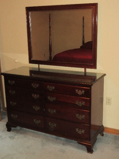 Mahogany Double Dresser on Bracket Feet, Chippendale Style Pulls w/ Attached Framed Mirror