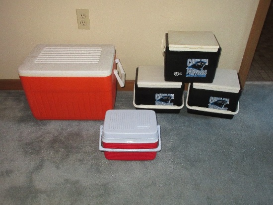 5 Coolers 3 Black/White Carolina Panthers Radio Network/Belt, Rubbermaid Lunch Cooler