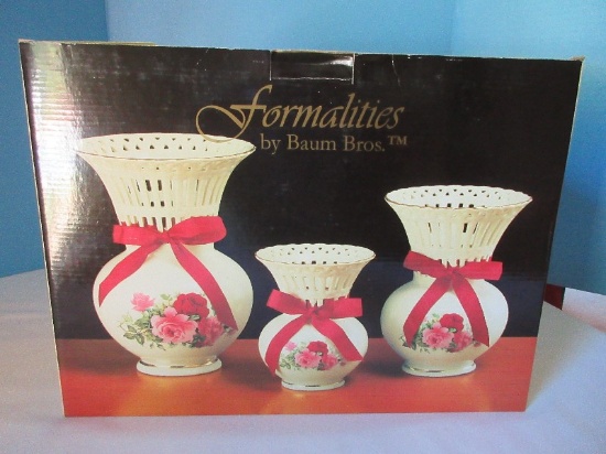Baum Brothers Formalities Set - 3 Victorian Rose Collection Latticework Vases