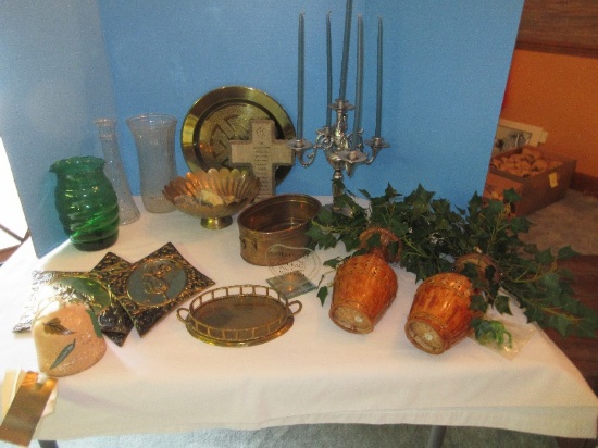 Group - Glass Bud Vases, Framed Prints, Serenity Cross, Picture Frames