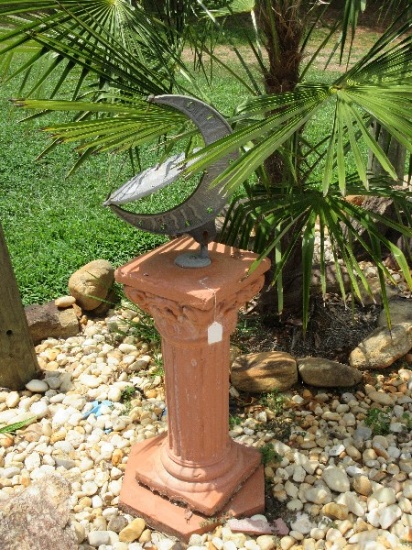 Concrete Grecian Column Classic Design w/ Metal Crescent Moon & Sun Burst Face Dial