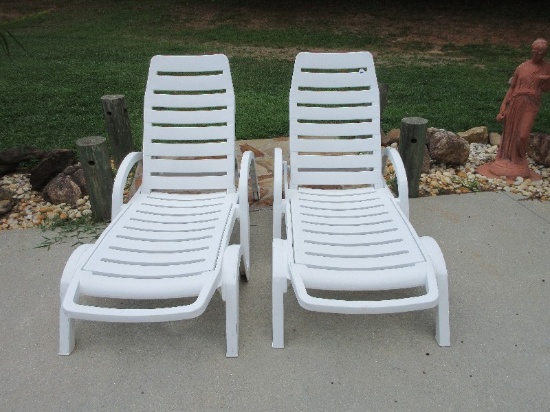 Pair - Molded White Chaise Lounge Chairs on Back Casters & Adjustable Back Rest