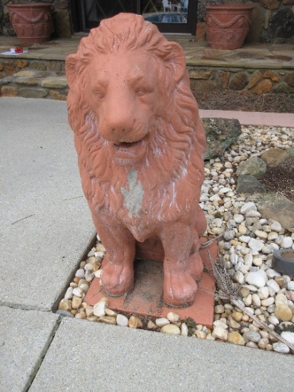 Awesome Stately Concrete Large Sitting Lion 35" Statue Painted Terra Cotta Finish