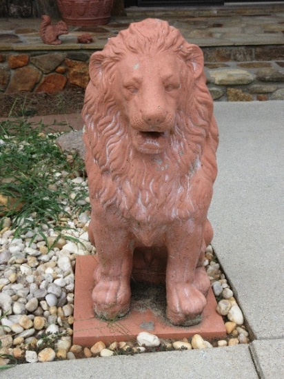Awesome Stately Concrete Large Sitting Lion 35" Statue Painted Terra Cotta Finish