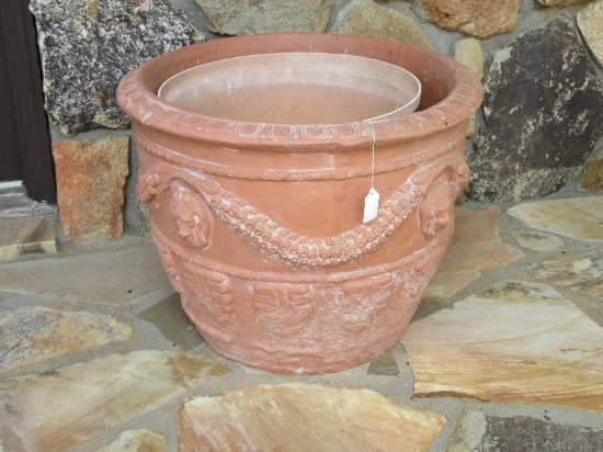 Impressive Large Concrete Planter Ornately Embellished Relief Lion Heads