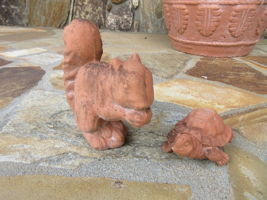 Concrete Squirrel 9" Garden Statuette Painted Terra Cotta Finish & Resin Figural Turtle