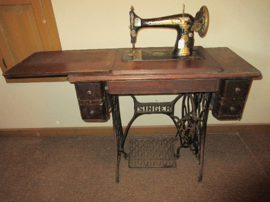 Early Singer Sewing Machine Cast Iron Treadle Pedal Base, Oak Cabinet