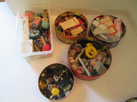 Group - Misc. Sewing Accessories, Spools of Thread, Buttons, Pin Cushion, Elastic, Etc.