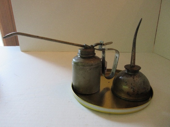 2 Vintage Oil Cans Eagle Thumb Pump 7 1/2" & Handled Thumb Pump Can 5 1/4"