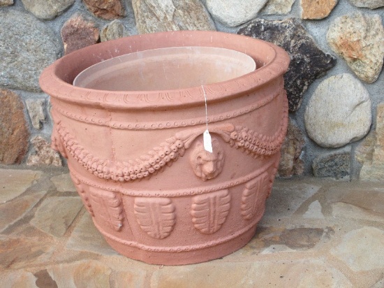 Impressive Large Concrete Planter Ornately Embellished Relief Lion Heads, Swag