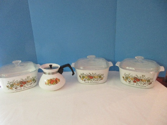 7 Pieces - Corningware Spice of Life Pattern Casserole Baking Dishes w/ Clear Glass Lids
