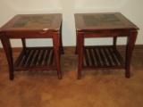 Pair - Modern Contemporary End Tables w/ Inlay Slate Tile Top & Brass Corner Accents