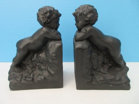 Pair - Renaissance Style Putto Day Dreaming Statuette 6 3/4" Cast Metal Bookends