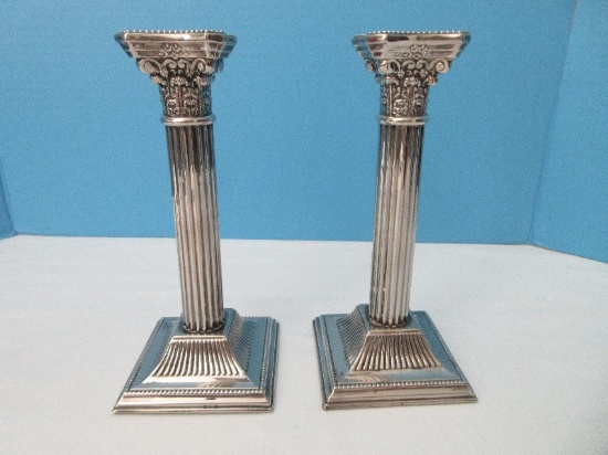 Pair - Silverplate Grecian Column Single Light 8 1/4" Candle Sticks