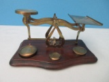 Scarce Antique Brass Postal Letter Scales w/ Weights 1oz, 2oz & 4oz on Wooden Base