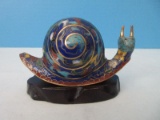 Whimsical Cloisonné Snail Figurine on Wooden Display Base