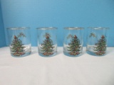Set - 4 Spode Christmas Tree Pattern Glassware Gold Trim Double Old Fashioned Drinkware