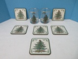 Set - 2 Spode Christmas Tree Pattern Glassware Gold Trim Double Old Fashioned Drinkware