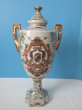 Spectacular Chinoiserie Semi-Porcelain Double Handled Urn w/ Lid Hand Painted Heraldic Crest