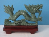 Artisan Carved Jade Chinese Dragon Statuette w/ Wooden Display Base