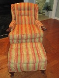 French Bergere Style Lounge Arm Chair w/ Tufted Ottoman Mahogany Trim Carved Knees