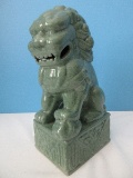 Celadon Stoneware Chinese Guardian Lion Male Foo Dog Statuette on Ornate Base