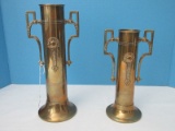 Vintage Pair Brass Art Deco Style Bud Urn Vases w/ Double Handles