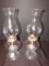 Vintage Pair - Clear Glass Bead/Ribbed Pattern Oil Lamps w/ Hurricane Shades