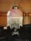Small Table Lamp w/ Pink Glass Top Ornate Design Base w/ Bead Fringe