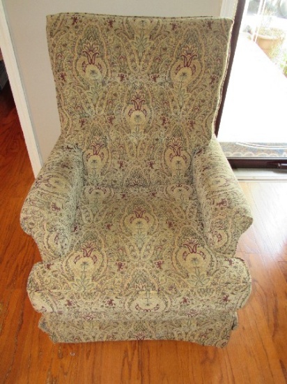 Pin Back Paisley Upholstered Swivel Rocker, Metal Base