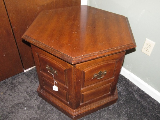 Hexagonal Wooden Side Table Panel Motif w/ Brass Batwing Pulls