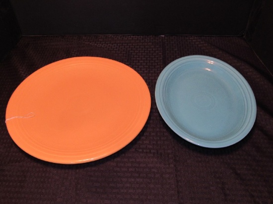 Vintage Fiestaware Ceramic Corn Yellow Grooved Platter 14 1/4" D, Platter Blue 12 1/2" L