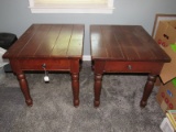 Solid Wooden Slat Top Pair Side Tables Block/Spindle Legs, Dovetailed, Metal Pull
