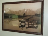 Vintage Monochrome Cowboy Crossing River Scene Picture Print in Wood Frame/Matt