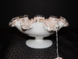 White Opalescent Fenton Glass Bowl Crimped Rim