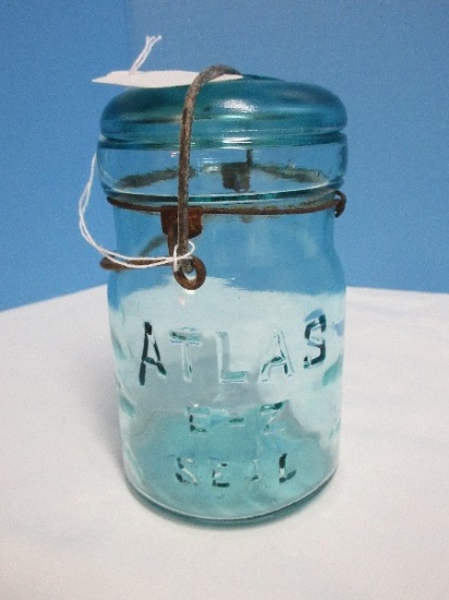 Atlas E-Z Seal Blue Wire Bail Canning Jar w/ Glass Lid base Marked #2