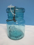 Ball Ideal Blue Glass Canning Jar w/ Glass Lid & Wire Bail Pat'D July 14, 1908