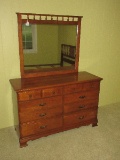 Maple Early American Style Double Dresser w/ Attached Spindle Gallery Mirror