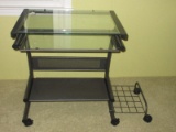 Gray Metal Contemporary Modern Computer Desk on Casters w/ Glass Top/Slide Out