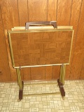 5 Piece - Vintage Metal Frame Folding TV Trays w/ Stand on Casters Simulated Wood Grain