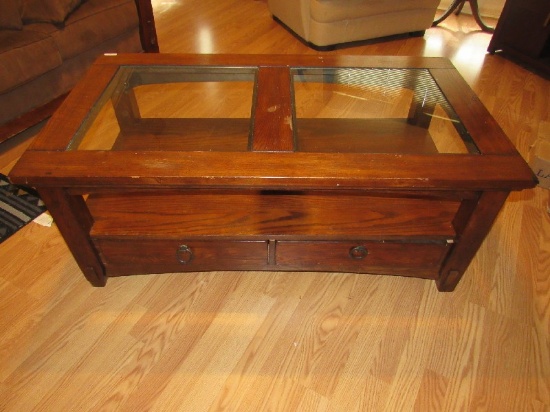 Dark Oak Wood Center/Coffee Table 2 Glass Top Windows, 2 Lower Doors w/ Metal Pulls